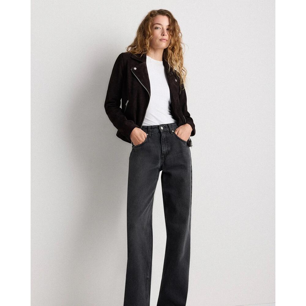 Quince 100% Suede Biker Jacket Charcoal Black Size L Goat Leather Classic NWT - Picture 5 of 16